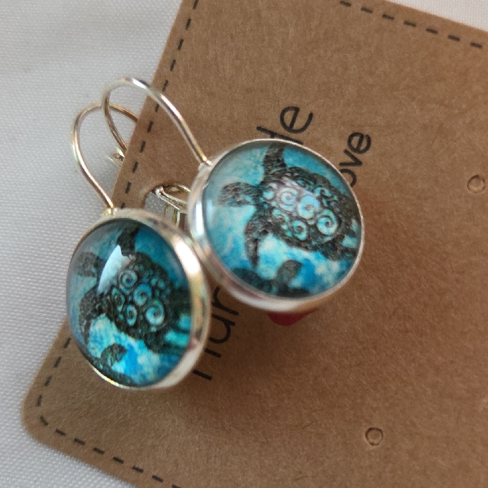 Silver Blue Turtle Glass Earrings